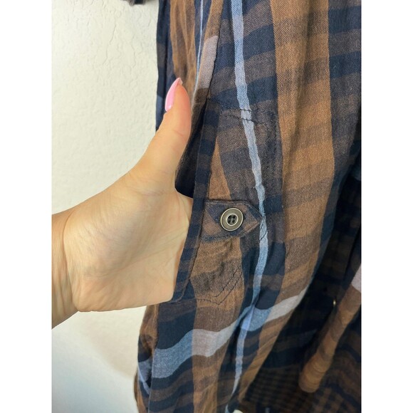 Chelsea & Theodore Shirt Dress Gauze Medium Plaid Button Front Pockets High Low - Picture 5 of 8